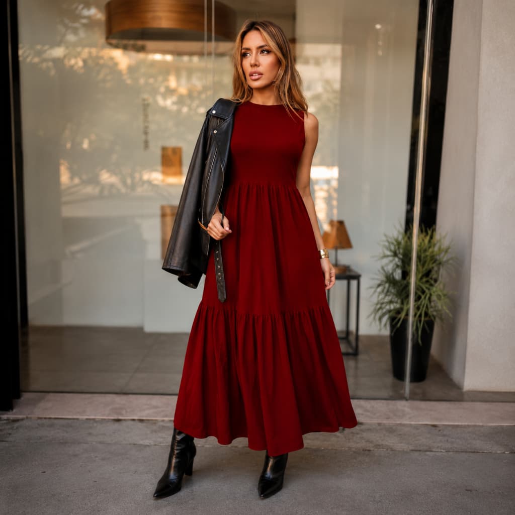 Vestido Feminino Longo sem Manga Elegante, Confortável e Versátil 502