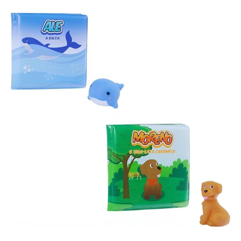Kit Livro de Banho Baleia e Cachorro Pimpolho Unissex Infantil Impermeável Educativo e Divertido