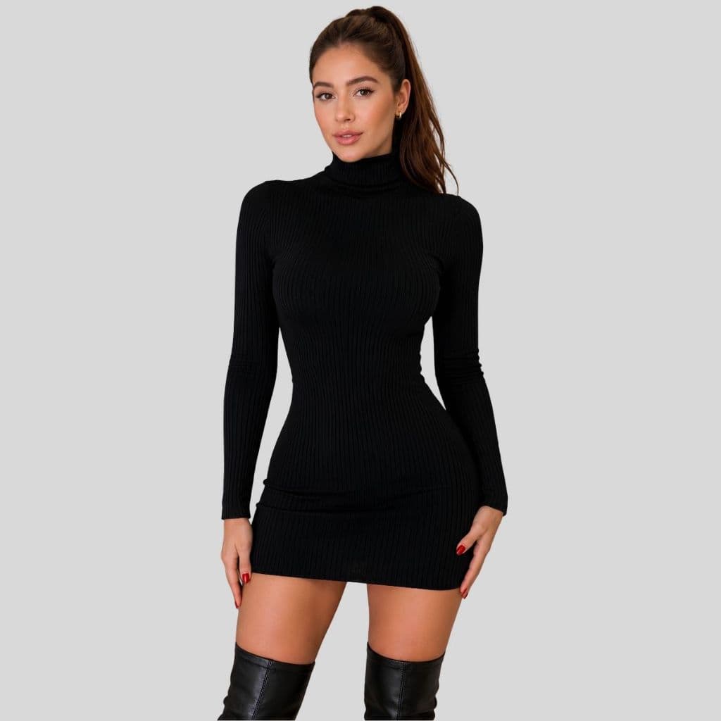 Vestido Curto Tubinho Feminino Manga Longa Malha Canelada Justo Moda Blogueira Elegante