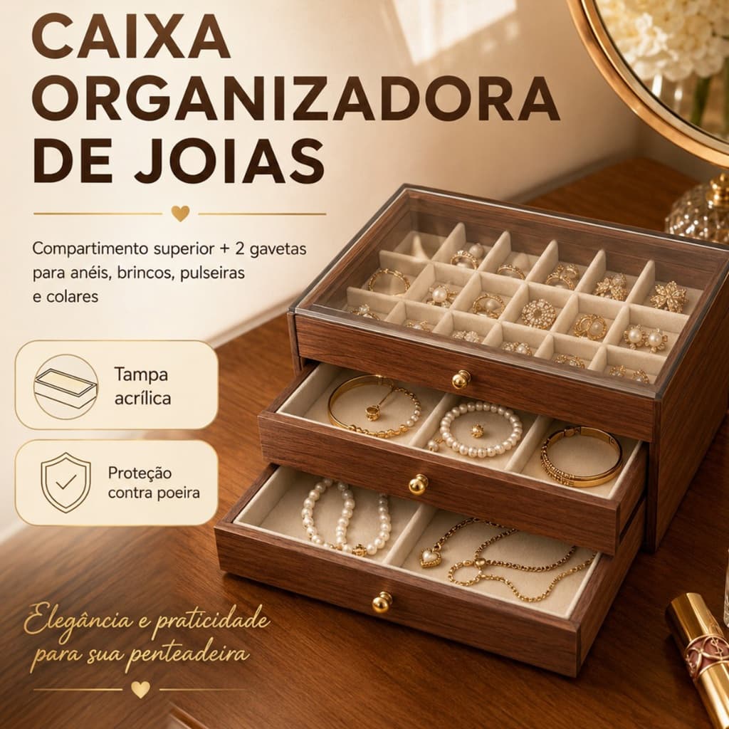 Porta Joias Nogueira Acrílico Transparente com Compartimento Organizador para Joias Anéis Colares