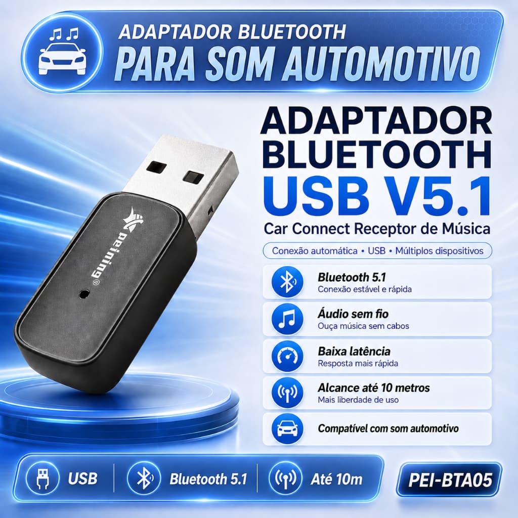 Adaptador Bluetooth Automotivo Carro USB 5.1 Peining PEI-BTA05 Car Connect Receptor de Música