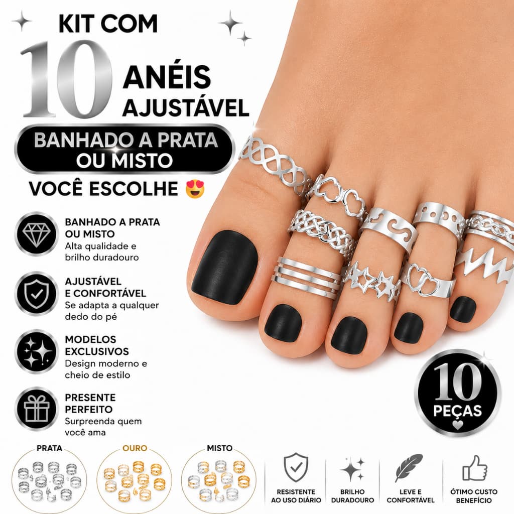 Mega Kit De 10 Aneis De Pé Ajustavel E Bem Variadinho Banhado A Ouro 18k Ou Prata 925