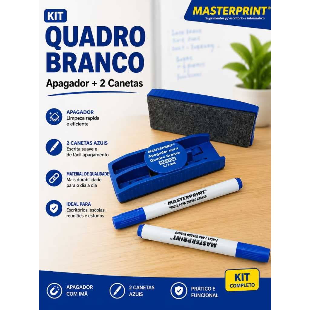 Kit Quadro Branco Masterprint Apagador Com Imã + 2 Canetas Azuis