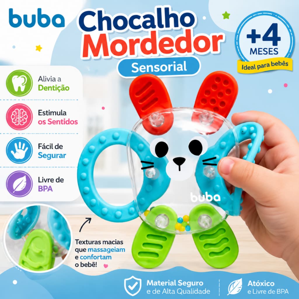 Chocalho Mordedor Buba Bebê Sensorial Colorido Infantil Macio Para Dentição Livre BPA +4 Meses