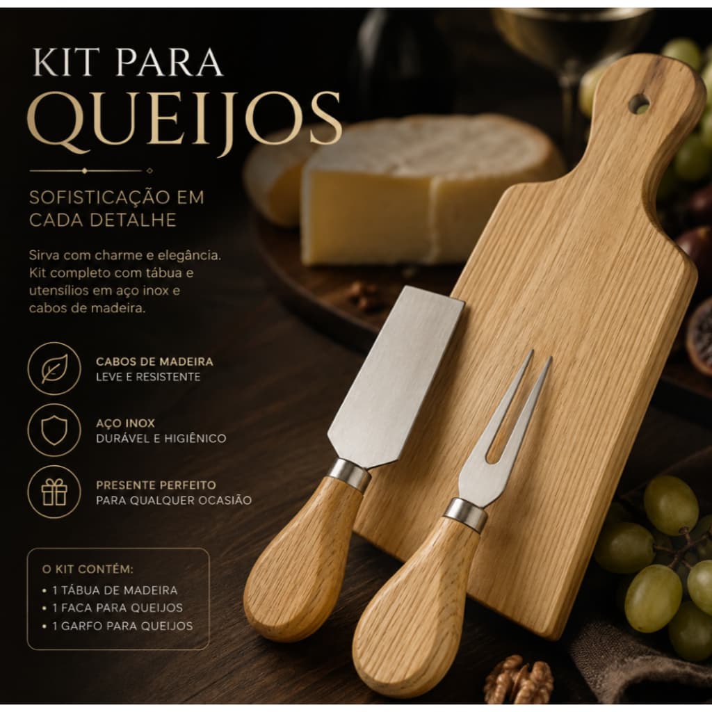 Conjunto Kit Para Queijo 3 Peças Gourmet com Tábua De Madeira com Pegador Talheres Garfo e Faca Inox