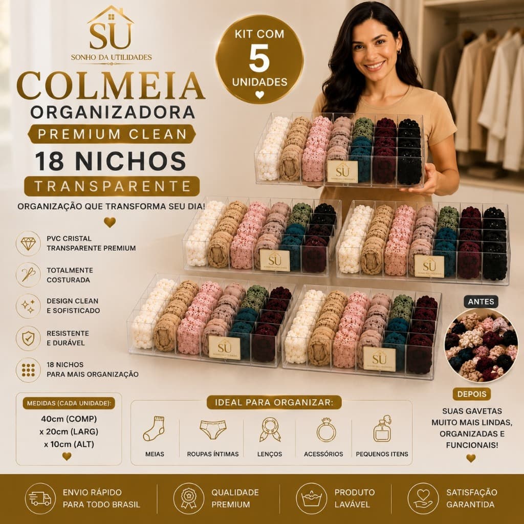 Kit 5 Colmeias Organizadoras Premium Clean Transparente 18 Nichos PVC Cristal Costurada SU Sonho