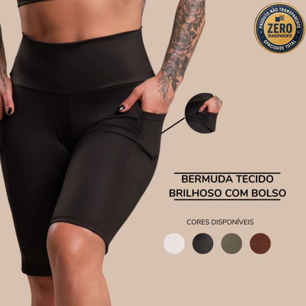 Bermuda Feminina Fitness Cintura Alta Com Bolso Tecido Brilhoso Academia Treino Ciclista Dia A Dia RIQ Modas
