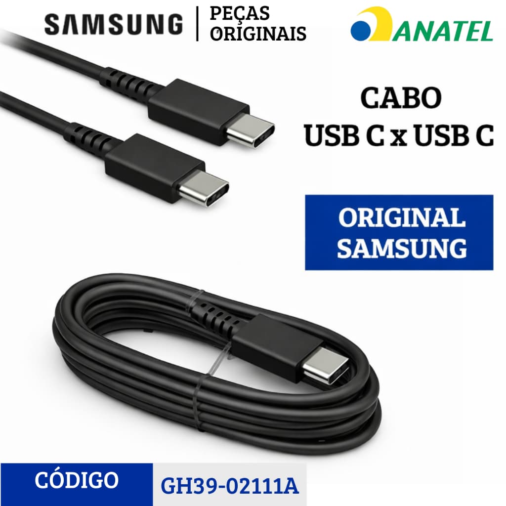 Cabo Carregador Samsung Usb-c Tipo C Original GH39-02111A Preto 1m 3a Dados S25 S21