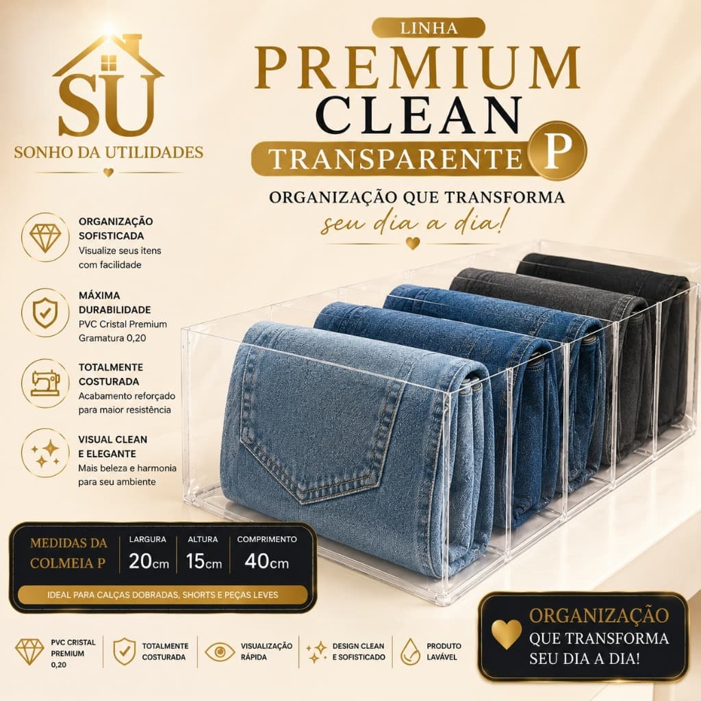 Colmeia Organizadora Premium Clean Transparente P Plus Cristal 0,20 Costurada para Jeans, Bolsas- SU