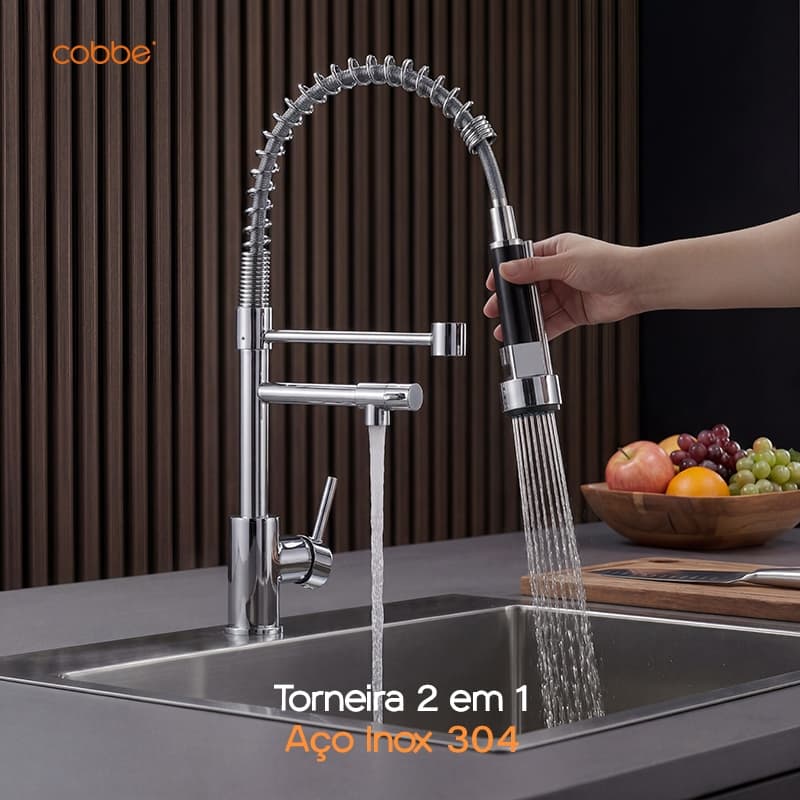 【Inox 304】Torneira Gourmet Para Cozinha Monocomando Com Spray Extensor Luxo Mola Dupla Saída Aço Inoxidável Heemli