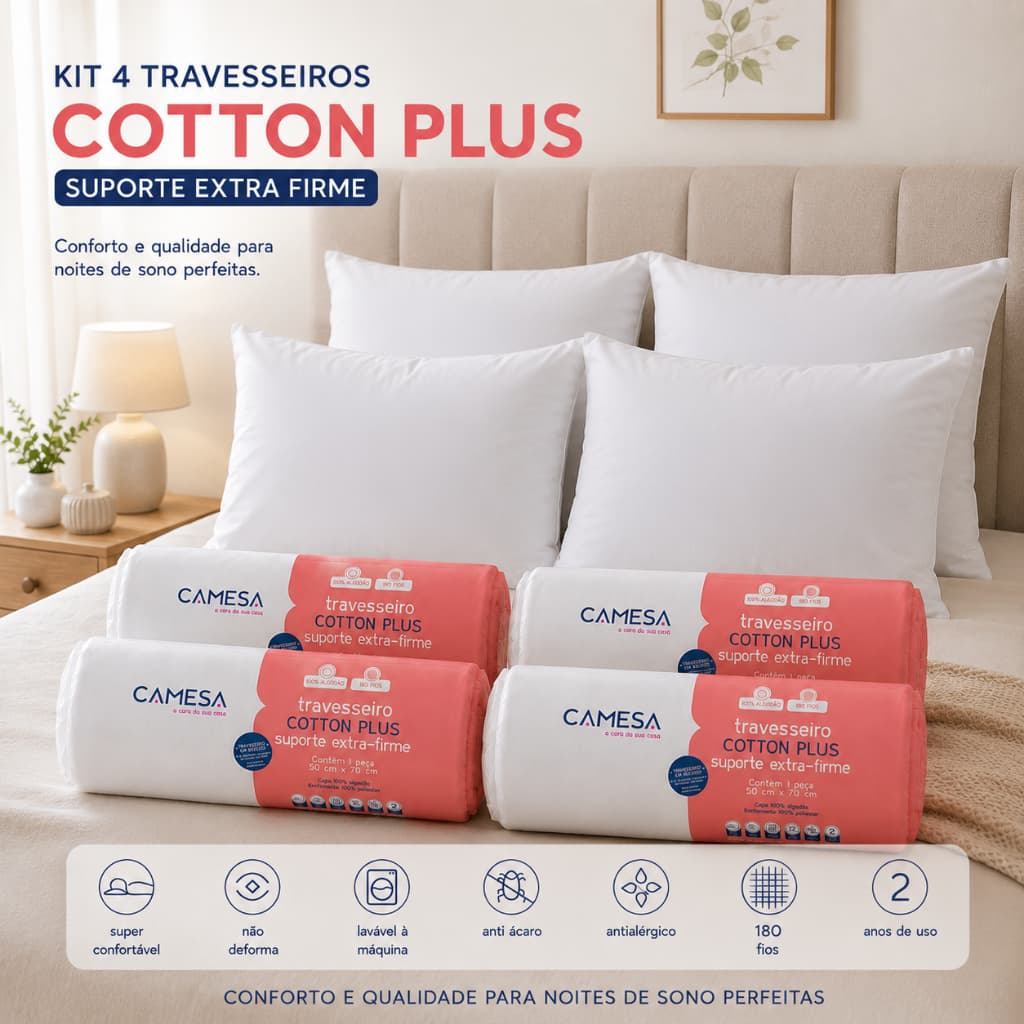 Kit 4 Travesseiro Cotton Plus 180 Fios 50x70 Extrafirme A Vácuo Camesa