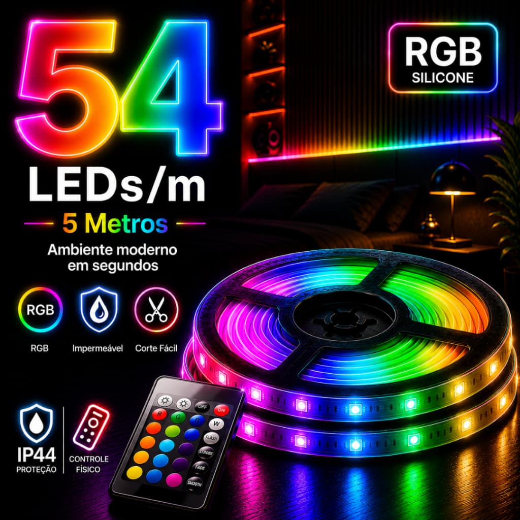 Fita LED RGB 5m Controle Remoto App Bluetooth Luz Colorida Quarto TV Gamer Sala