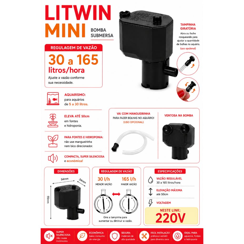 (somente 220V) MINI BOMBA SUBMERSA 165 LITWIN