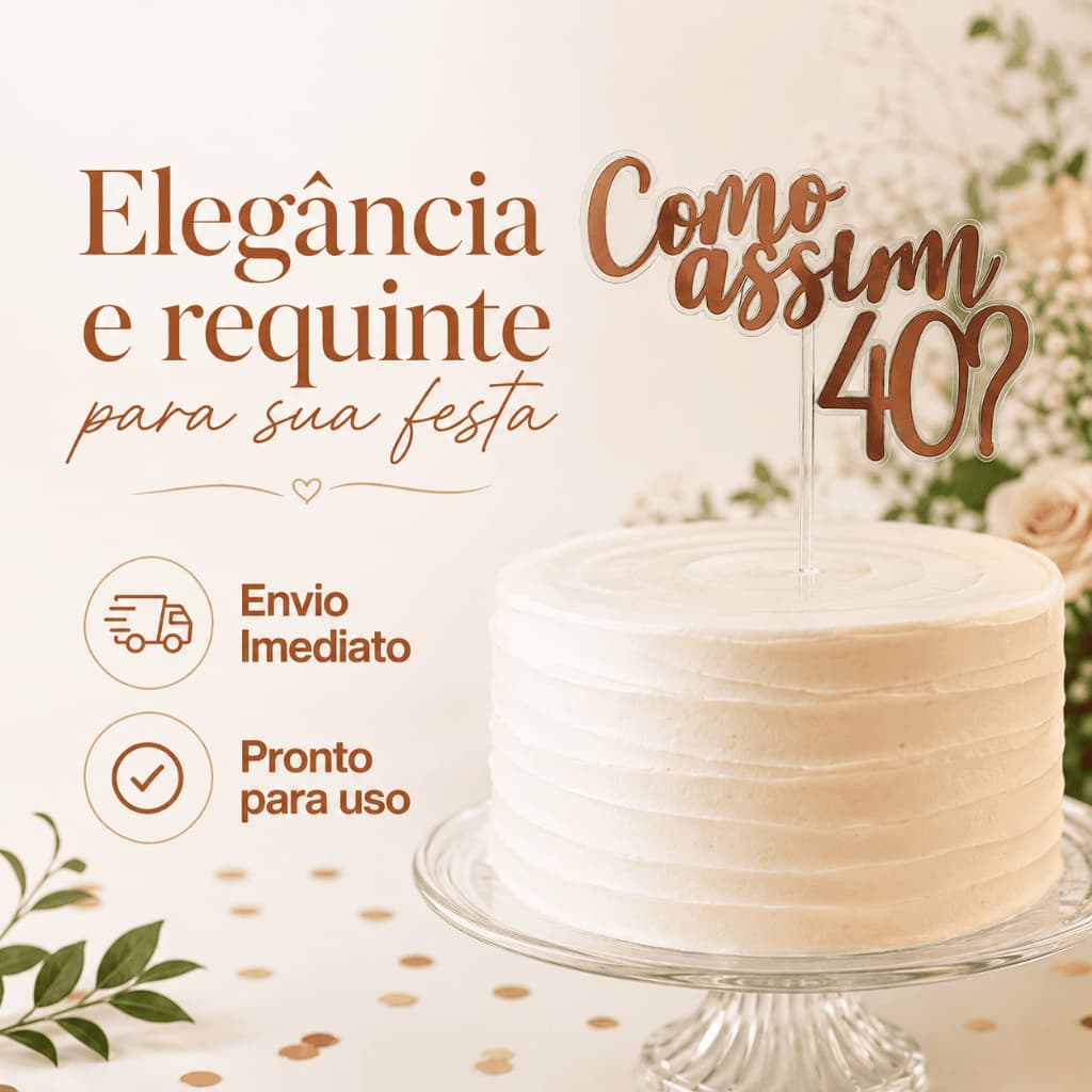 Topo de Bolo 40 Anos Personalizado | Como Assim 40? | Papel lamicote Dourado | Festa Adulto