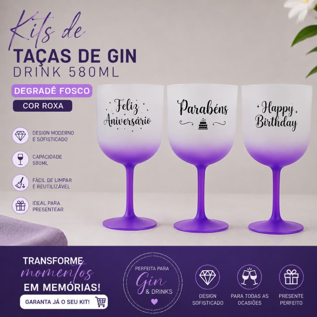 Taça Gin Acrilico 580ml Personalizada Drink Festa Estampas Feliz Aniversário Parabéns Happy Birthday