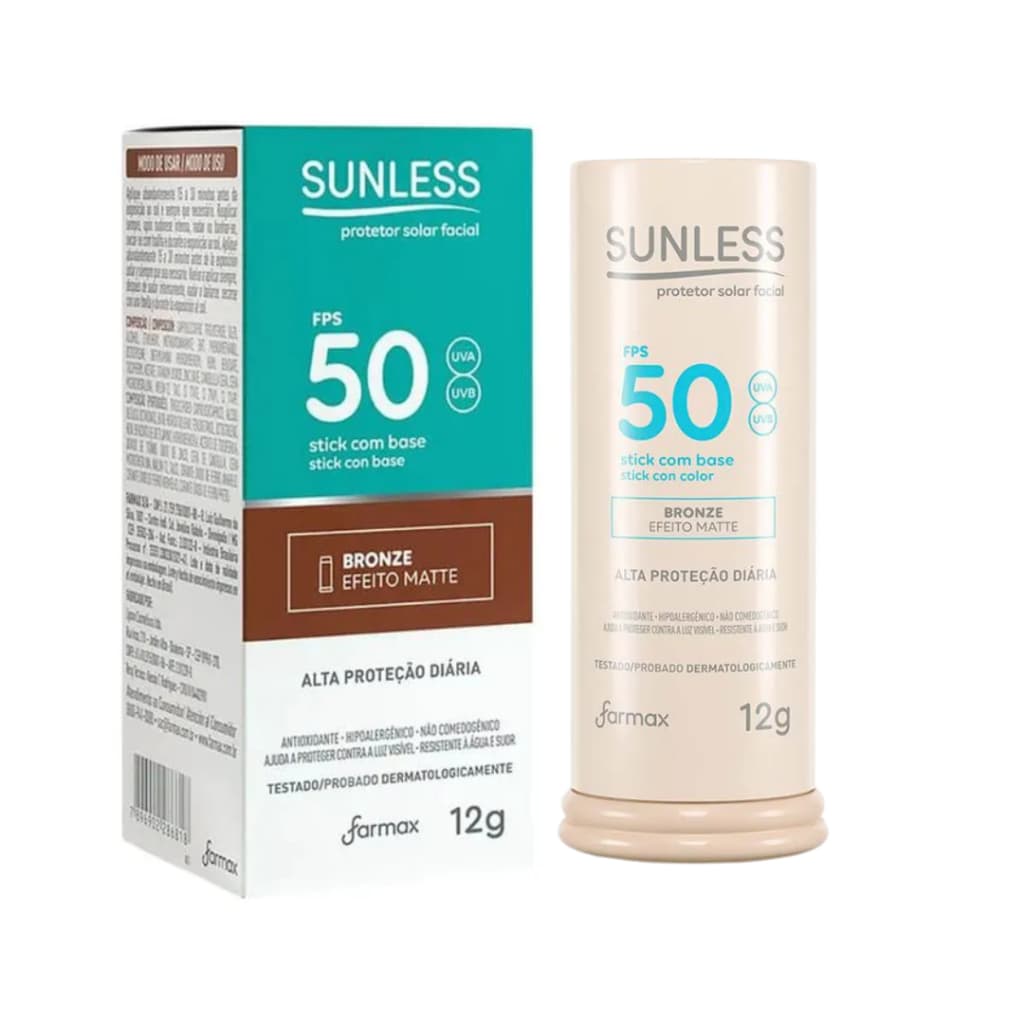 Protetor Stick com Base FPS 50 Cor Bronze Sunless 12g Proteção UVA e UVB Efeito Matte