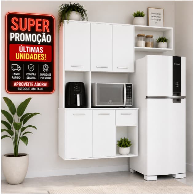 Armário Multiuso Vulcano Cozinha Compacta Organizador Suspenso Nichos Moderno Gourmet Branco