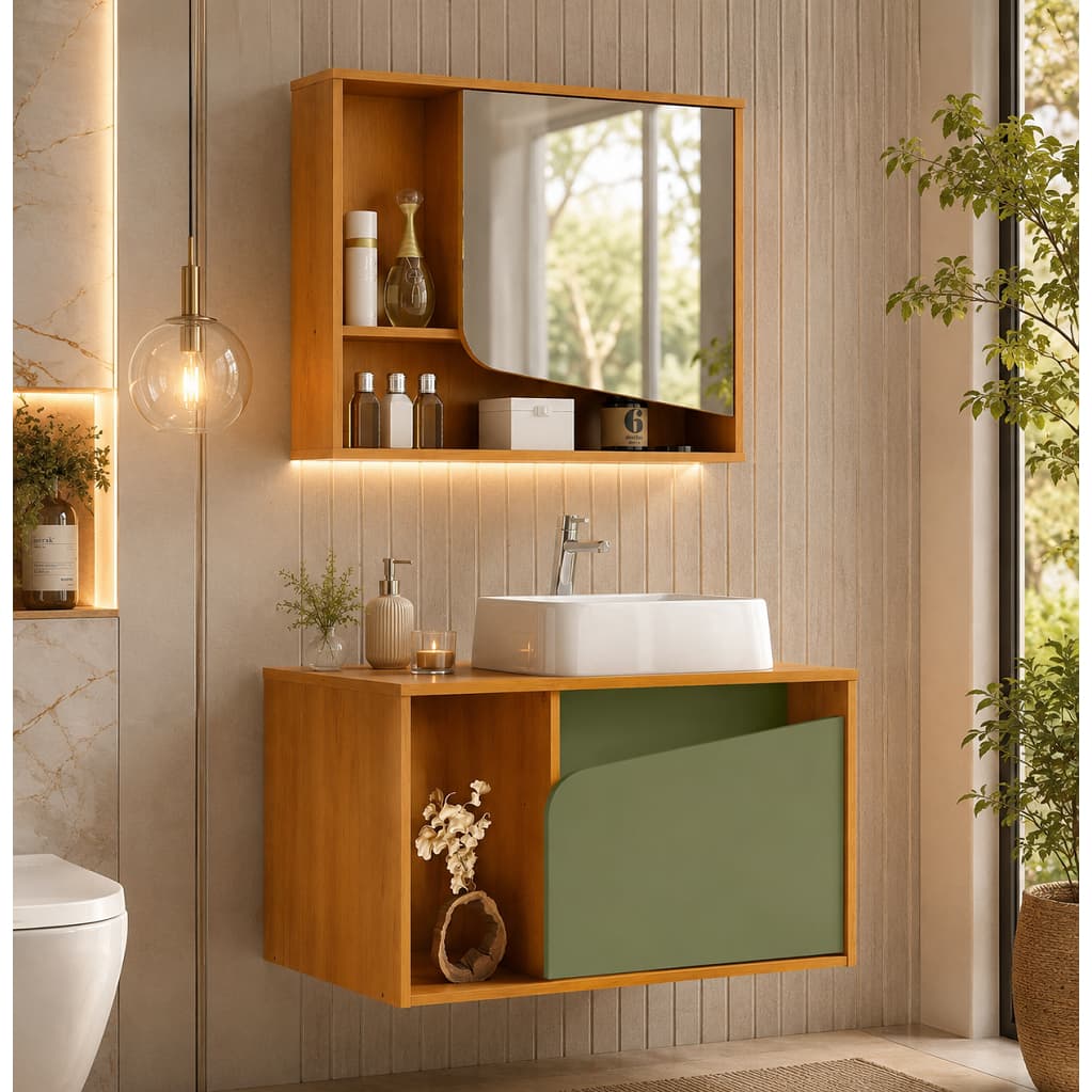 Conjunto Completo para Banheiro com Cuba Design Organico Moderno Com Praleiras Nichos Organizadores