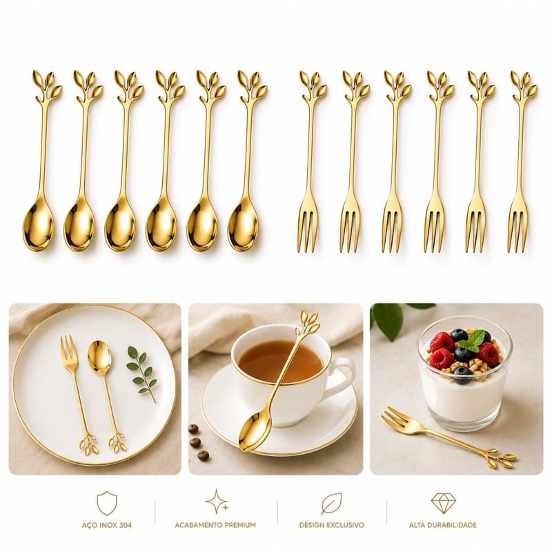 Kit Garfos Colheres Dourada Inox Café Chá Sobremesa Folha FERRAZA SHOP
