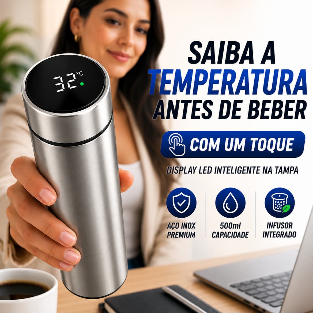 Garrafa Térmica Inteligente LED 500ml Inox com Termômetro Digital Touch e Infusor Cor Prata