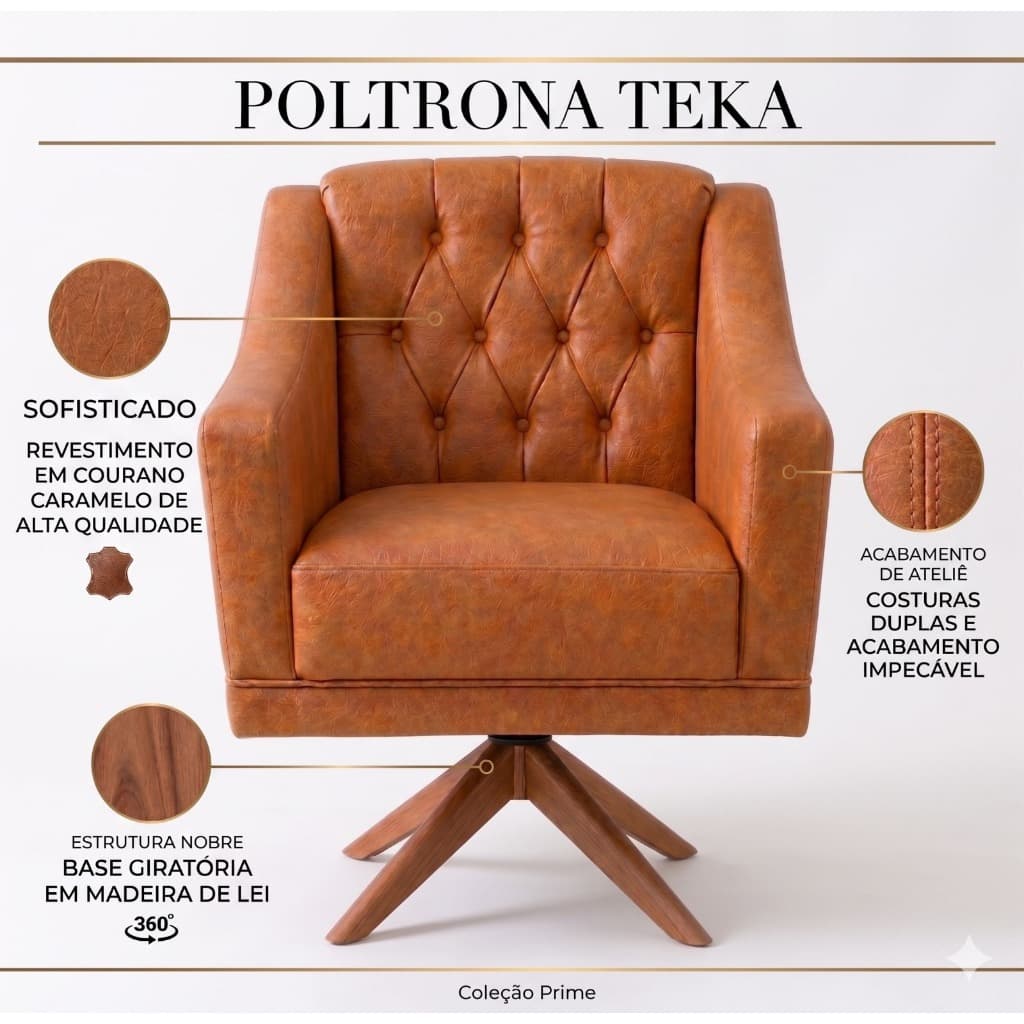 Poltrona Decorativa Teka Giratória Caramelo Sala Quarto Luxo