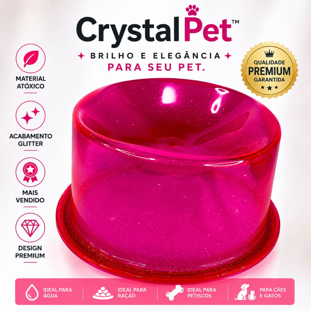 Pote Pet Glitter 140ml Comedouro Cachorro Gato Atóxico Transparente CrystalPet™
