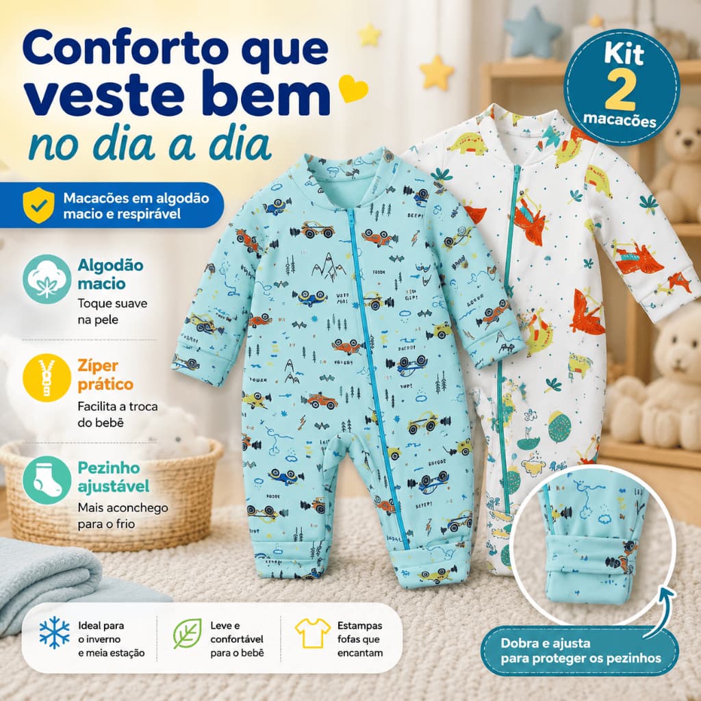 Macacão Estampado Kit 2 Menino Bebê Algodão Zíper Vira Pé Inverno Infantil Macio Macacões