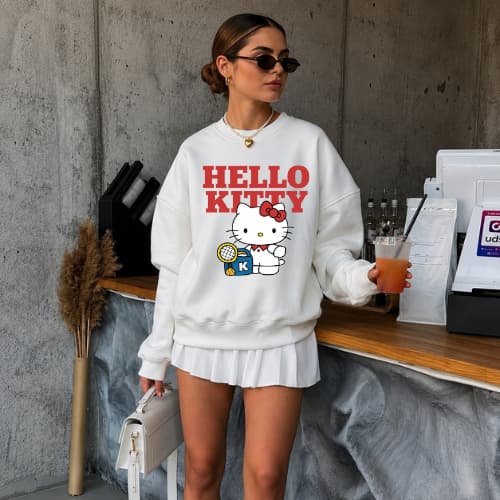 Moletom Feminino Hello kitty Gatinha Casual Gola Careca Blusa de Frio Blogueira Tumblr  Inverno
