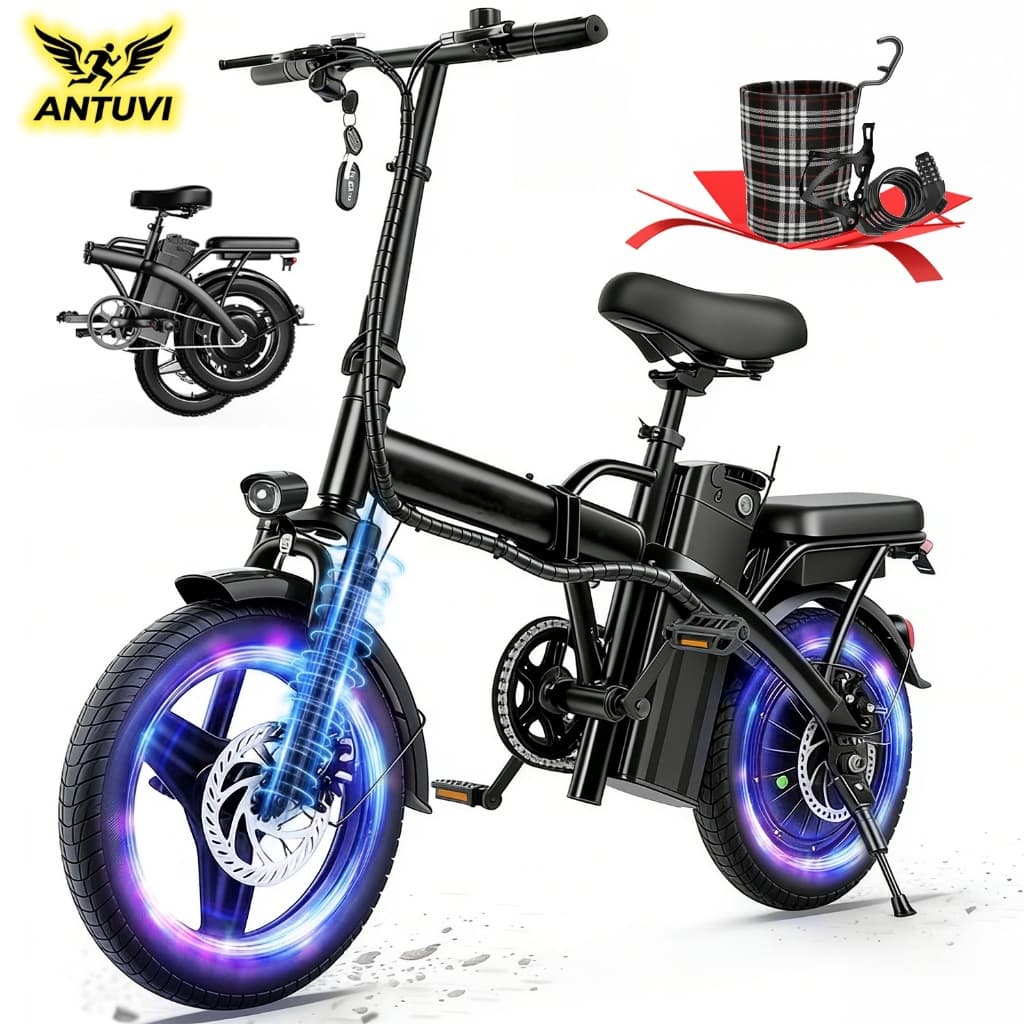 350W Bicicleta Elétrica Dobrável 14 Polegadas, Bateria 48V 12Ah Removível, Freios a Disco Duplos e Suspensão Dianteira