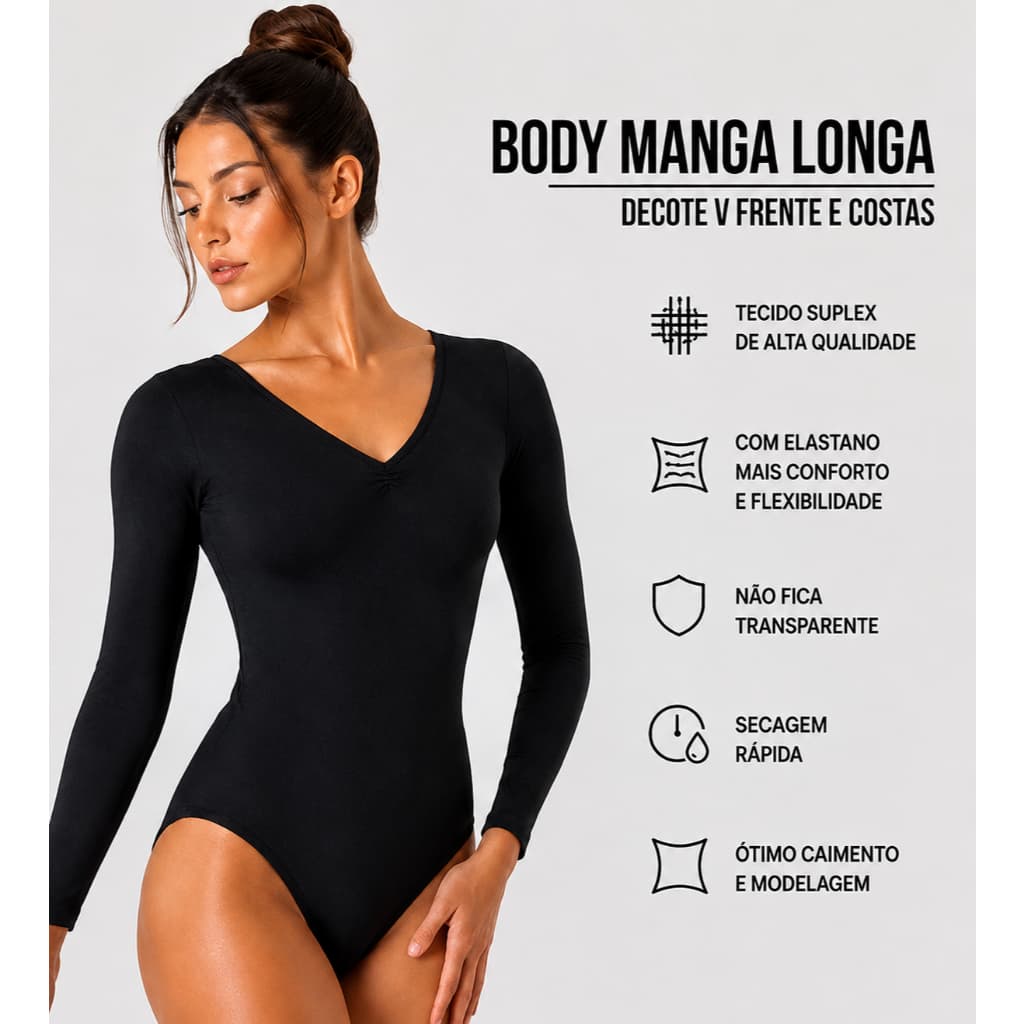 Body Feminino Manga Longa Decote V Frente e Costas Segunda Pele Lisa Elastano Premium Confortável Tendência Outono Inver