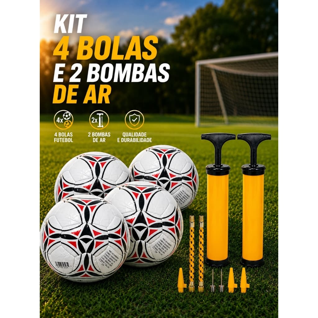 Kit 4 Bolas De Futebol Com 2 Bombas De Ar Infantil Adulto Esporte Recreação Lazer Treino Campo
