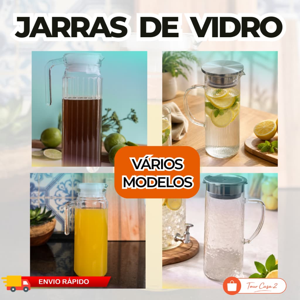 Jarra de Vidro 1L 1,4L e 1,5L Com Tampa Inox Para Água Suco Geladeira Mesa Posta Elegante