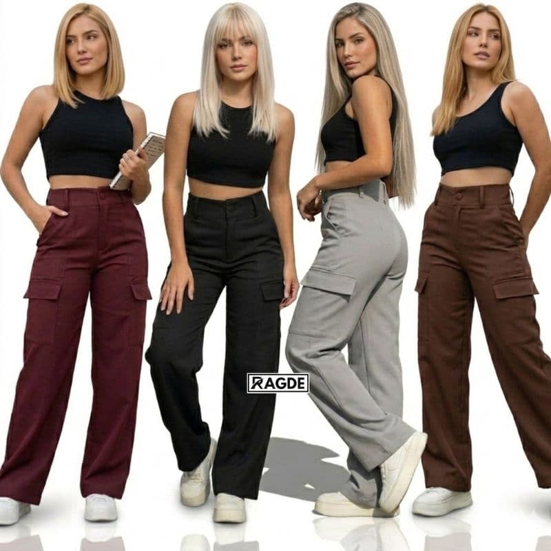 Calça Cargo Feminina Pantalona Cintura Alta Wide Leg Alfaiataria Várias Cores Bolsos Streetwear