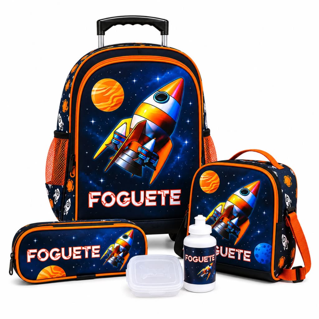 Mochila Escolar Infantil Espaço Foguete Com Rodinhas Kit Completo Lancheira Estojo Garrafa