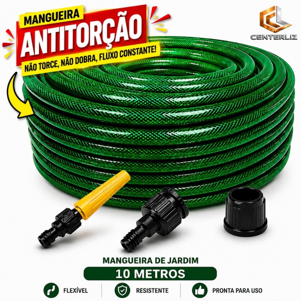 Mangueira Multiuso Antitorção 10 Metros Verde e Preto para Jardim Quintal e Uso Doméstico