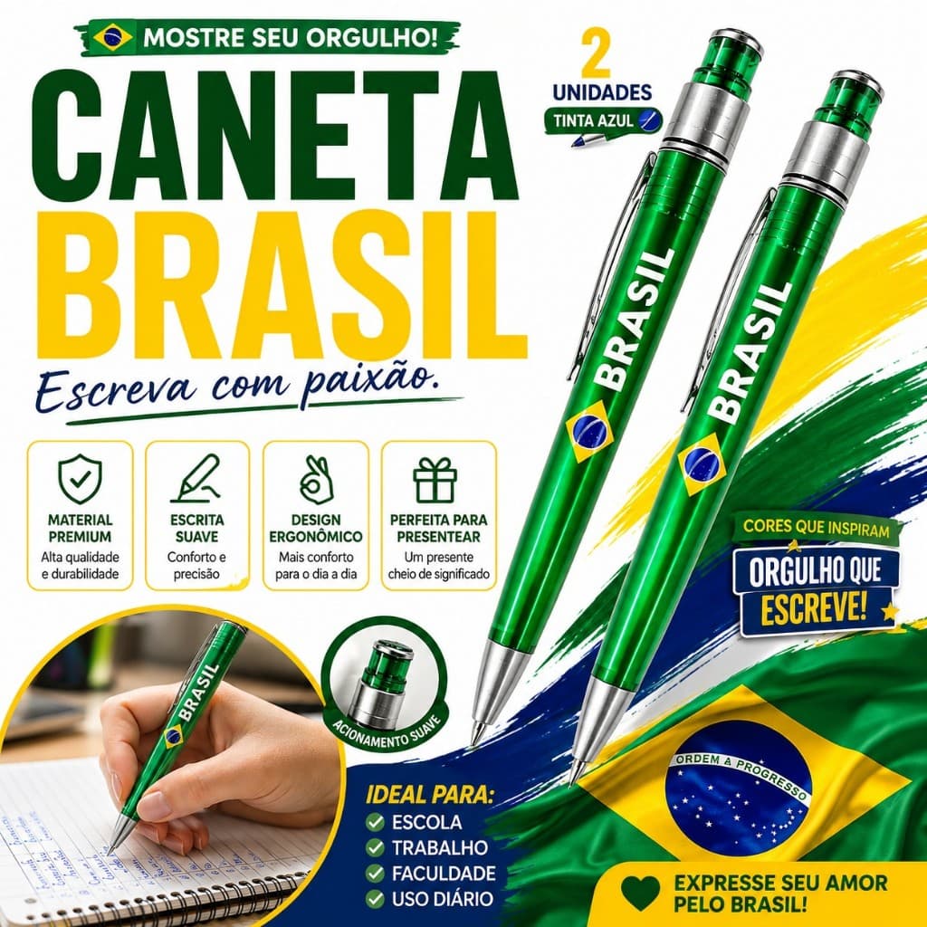 kit 2 Canetas Verde Brasil Conjunto Oficial  Escrita Macia Torcedor Copa do Mundo Seleção Brasileira