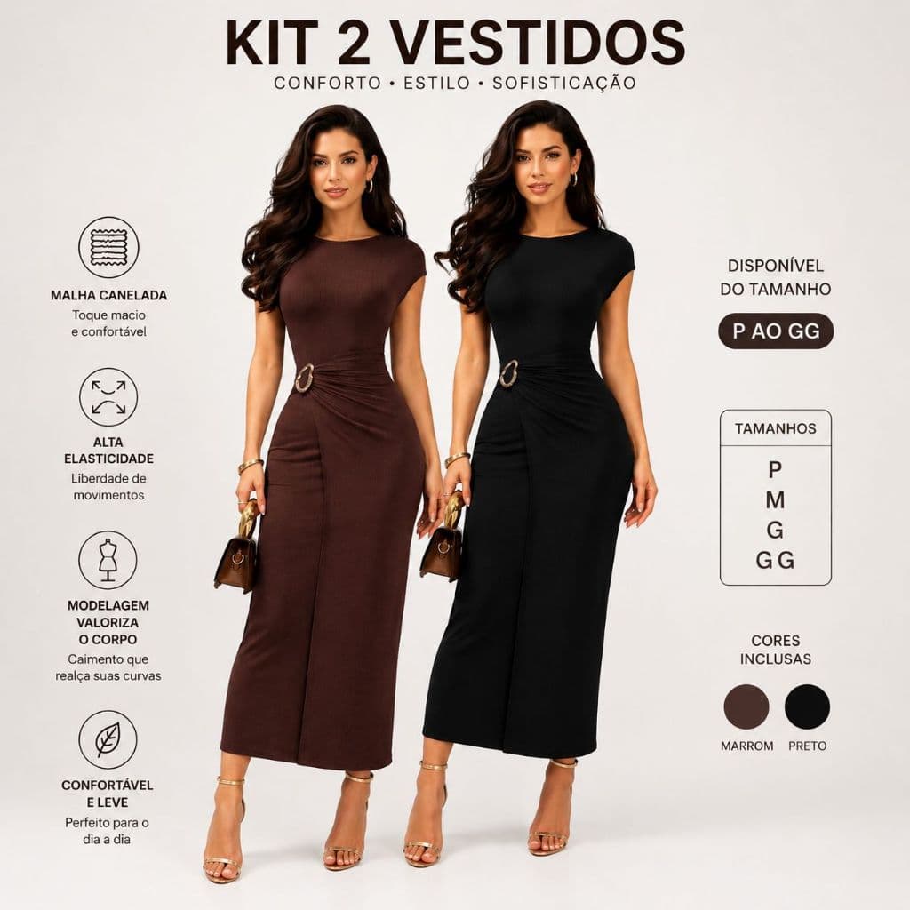 Kit 2 Vestido Midi Manga Transpassado com Fivela Tendência Premium
