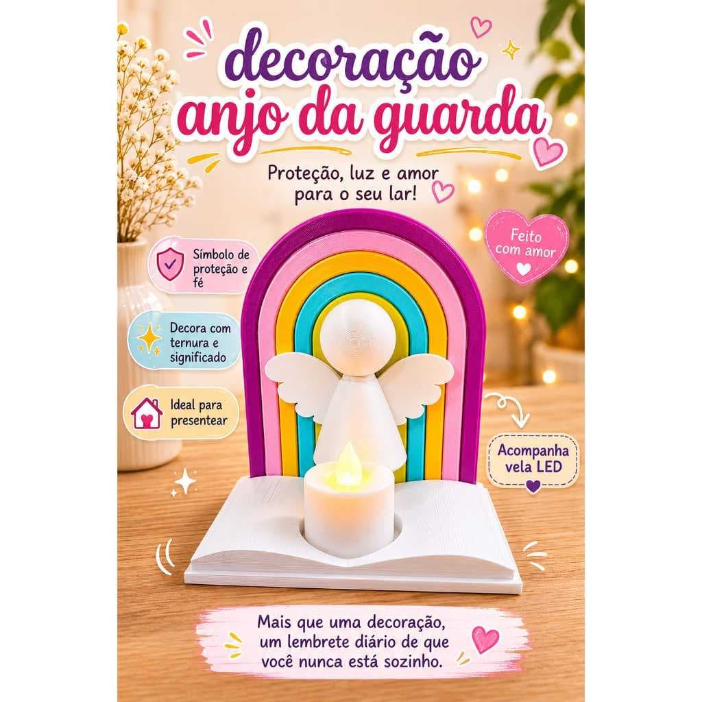 👼🌈 Decoração Anjo da Guarda com Vela LED – Proteção, Luz e Amor para o Seu Lar ✨