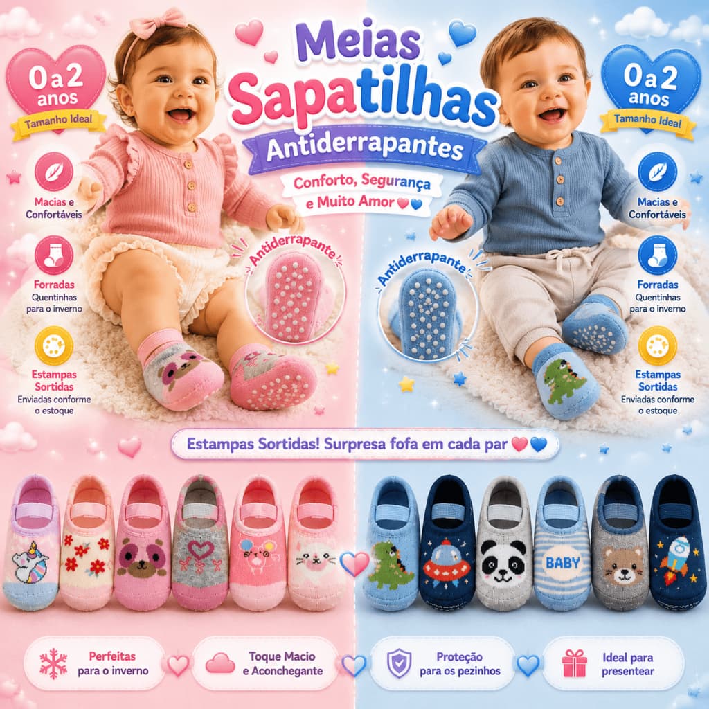 Kit 3 e 6 Pares de Meia Sapatilha Infantil Antiderrapante e com Elastico Meias Forrada Menino Menina