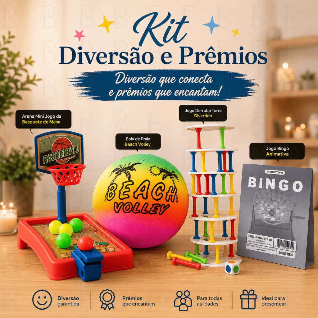 Kit Arraiá da Diversão e Prêmios Festa Junina Copa 2026 Basquete de Mesa Bola Derruba Torre Bingo