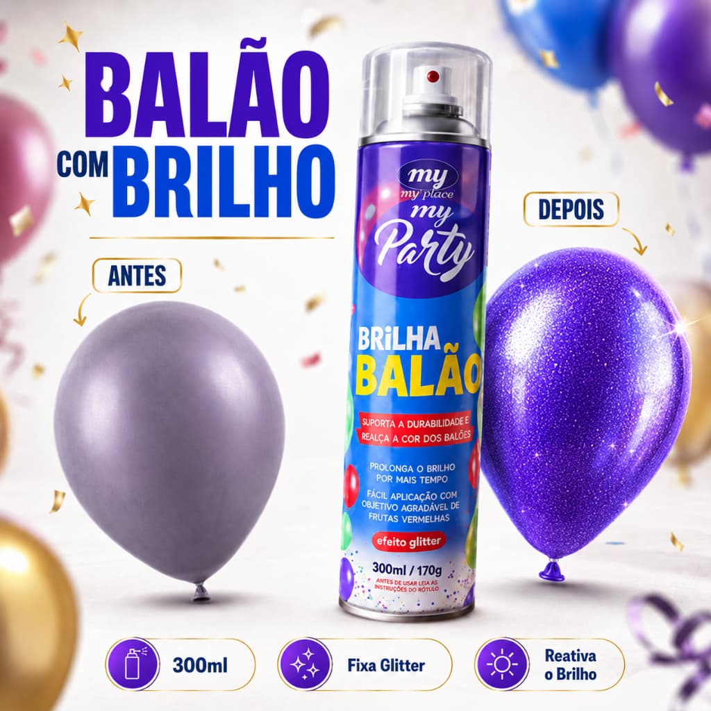 Spray Silicone Glitter Baloes 300ml Brilho Bexiga Latex Festa Decoracao