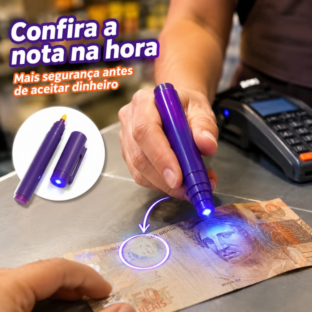 Caneta Detectora de Notas Falsas com Luz UV Negra | Identificação Rápida e Confiável
