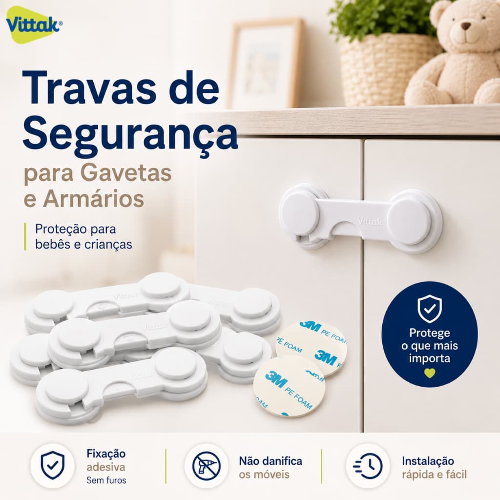 Vittak Kit 5 Trava Gaveta Armário Segurança Protetor Proteção Bebe Kit