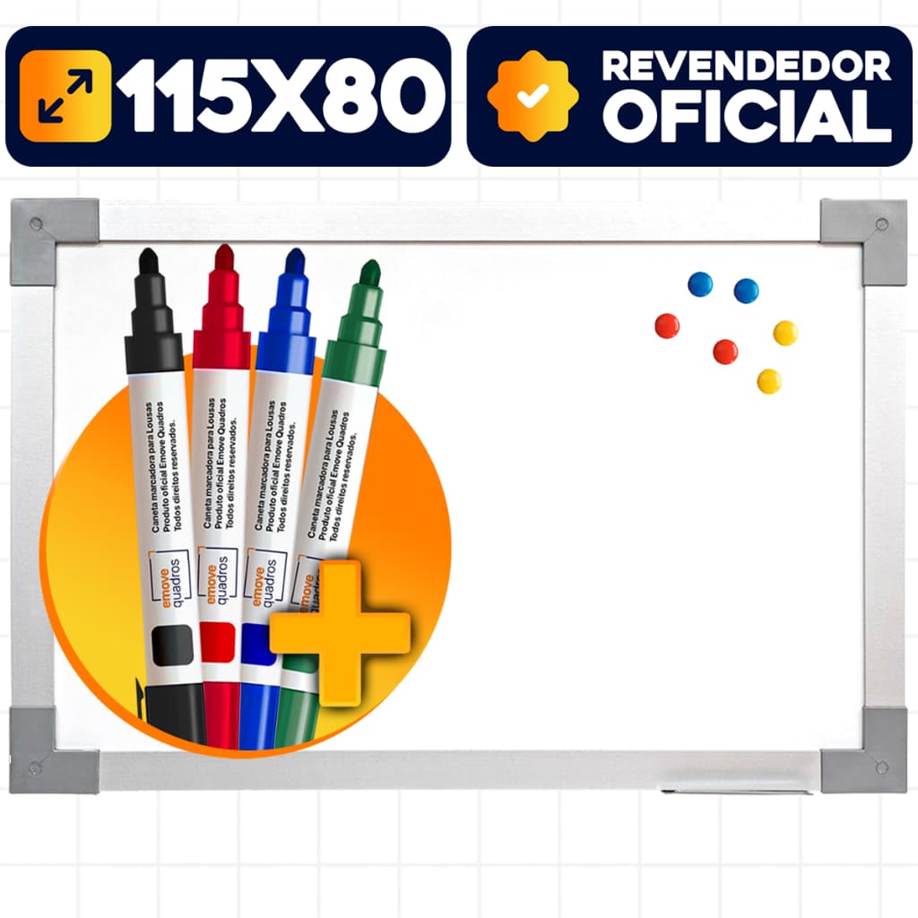 Lousa Branca Escolar Quadro Branco Magnético 120x90cm Liso Moldura Alumínio Soft Com 4 Canetas