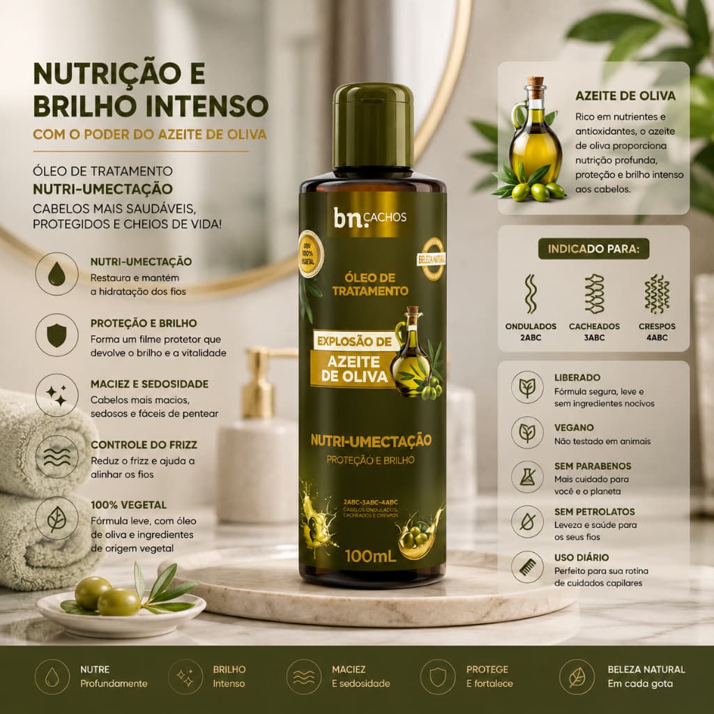 Óleo de Umectação Capilar para Cachos e Crespos Beleza Natural bn.Cachos Explosão de Azeite de Oliva 100ml Nutrição