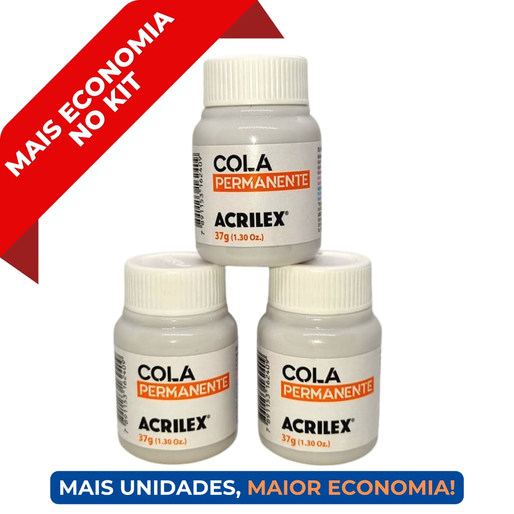 Kit 3 Colas Permanente Acrilex 37g - Papelaria Base de Corte Stencil Molde de Laço