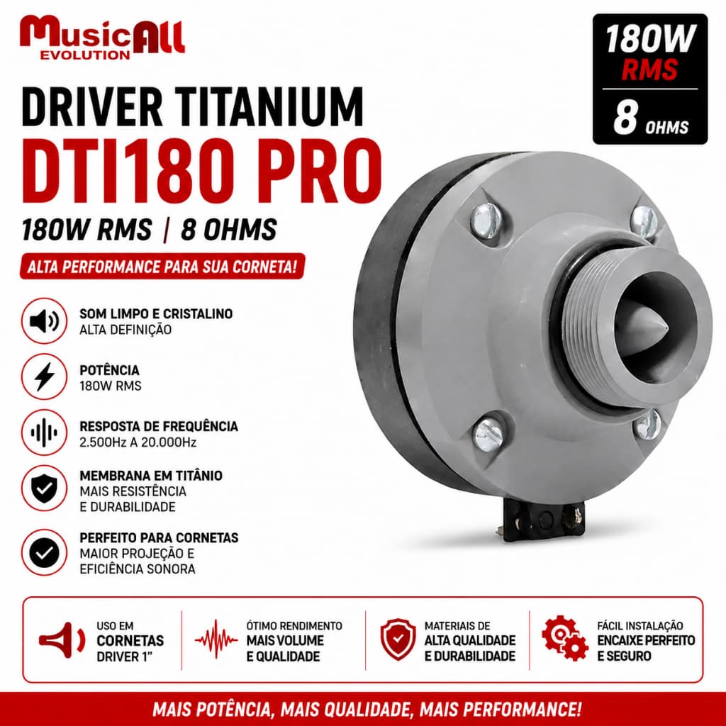 Driver Titânio DTI180 Pro Musicall 180W 8 Ohms para Corneta Som Automotivo e Caixa de Som