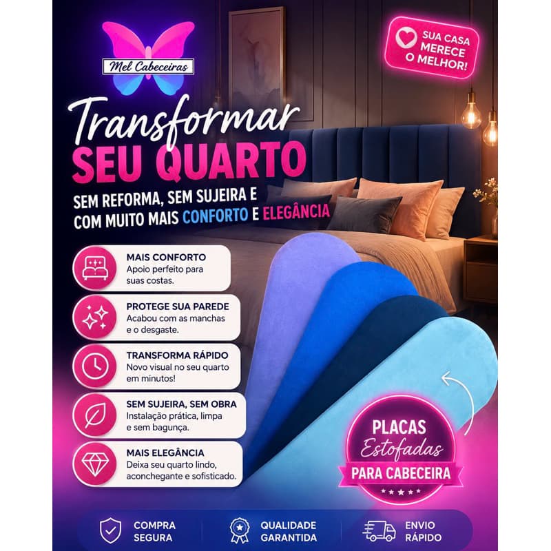 Cabeceira Estofada kit luxo- 10 Cabeceira arredondada fácil instalação com fita inclusa
