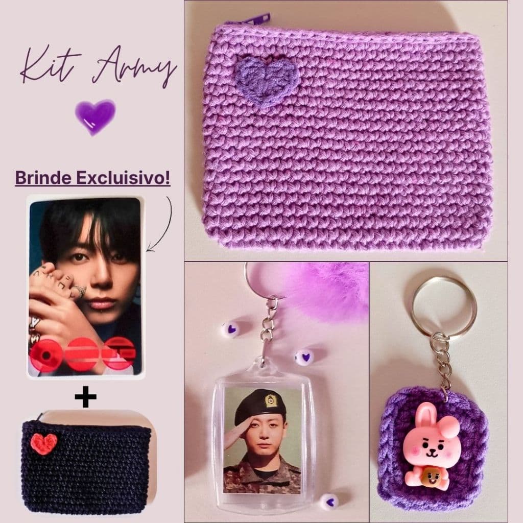 Kit Army/BTS e BT21 - Mini Nécessaire + 1 Chaveiro BTS + 1 Chaveiro BT21 - GANHE PHOTOCARD + MINI NÉCESSAIRE