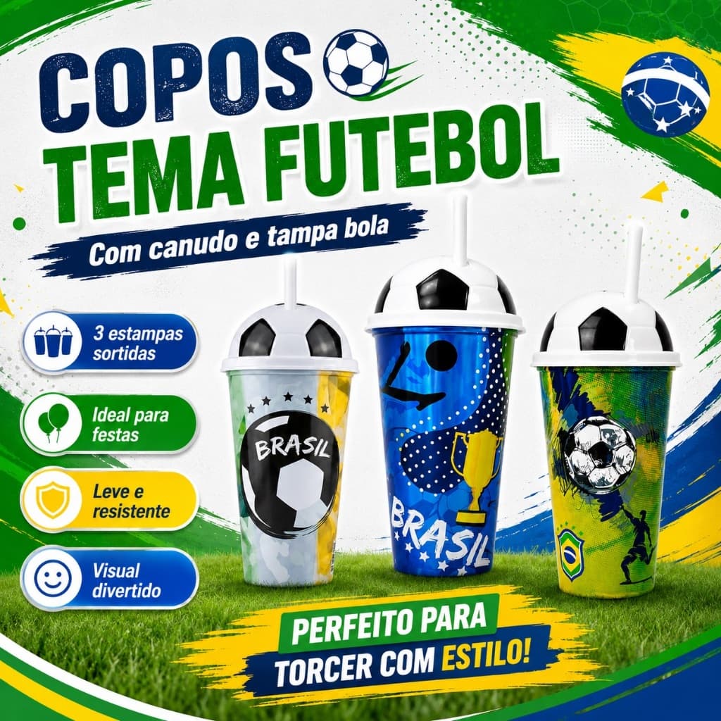 Copo Com Tampa Formato Bola Futebol 500ML Plasútil Copa Do Mundo Temático